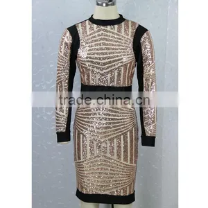 Womens Sexy Gold Sequin Bodycon Dress Long Sleeve Club Dress thumbnail-2