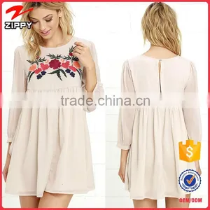 2016 Latest Dress Design 3/4 Sleeves Chiffon Dress With Floral Embroidery Summer Dress thumbnail-1