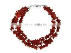 Wholesale 7" 3 Row 3-8mm Cheap Red Coral Chip Charm Bracelet With Silver Tone Spacers thumbnail-1