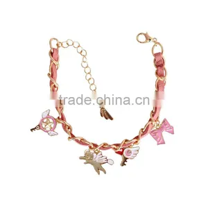 Enamel Magic Charms Bracelet Gold Chain and Suede Leather Handwoven Bracelet Lovely Charms Bracelet thumbnail-1