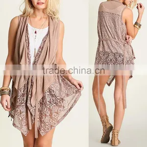 Women Lace Trim Printed Vest With Tie For Layered Outer Wear thumbnail-1