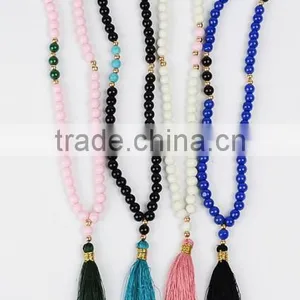 Classic Design Colorful Tassel Wood Mala Necklace Prayer Beads Handmade Knotted Yoga Tassel Necklace thumbnail-1