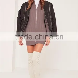 Chinese Factory Ladies Silm Fit Women Longline Knitwear Sweater Purple Zip Up Rib Mini Dress thumbnail-6