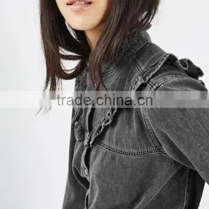Ladies Fashion 100% Cotton Colored Blouse Frill Denim Shirts thumbnail-3