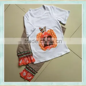 Fall Boutique Girl Clothing Short Sleeve White Big Pumpikin Embroidery Match Ruffle Pant Wholesale Baby Clothes thumbnail-1