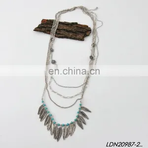 Bohemian Layered Turquoise and Leaves Pendant Necklace Fashion Gold Necklce and Silver Necklaces thumbnail-6