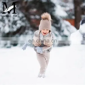 Kids Winter Knitted Hats Children Three Fur Pom Poms Hat Baby Hat With Hair thumbnail-2