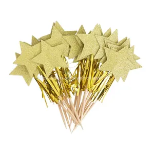 Christmas Gold Star Picks With Tassel Glitter Cupcake Cake Fruit Toppers Sticks thumbnail-1