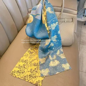 100% Mulberry Silk Scarves Double Sided Ribbon Silk Flowers Paintings Scarf High Quality thumbnail-1