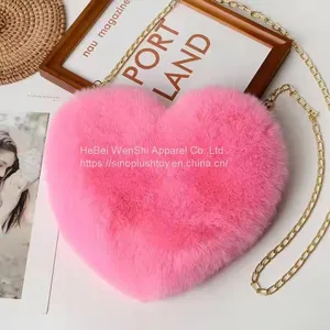 012New Plush Faux Fur Winter Tote Chain Crossbody Bag Small Cute Heart Sharp Tote Pink Red Black Purse thumbnail-2