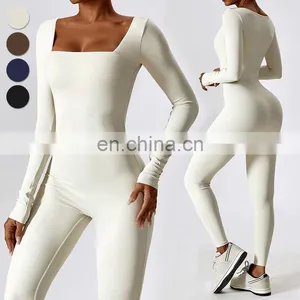 Custom Fitness Rompers Sexy Workout Wear Bodysuit One Piece Jumpsuits Long Sleeve Square Neck Women Gym Yoga Jumpsuit thumbnail-4
