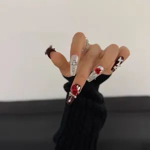 High-End Handmade Pink Cat-Eye Long Rhinestone Glitter False Nail Art Stickers thumbnail-5