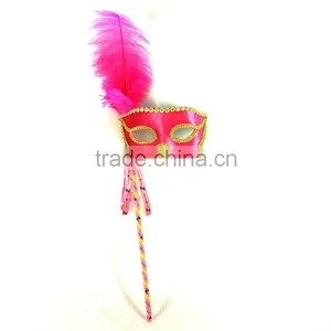 Pink Long Feather Stick Masquerade Masks thumbnail-1