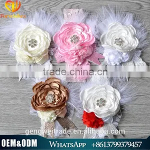 Factory Hot Sale Stain Chiffon Rosette Flower Girls Headwear Handmade Lace Elastic Headbands for Kids thumbnail-1
