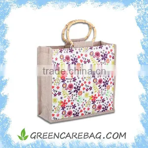 Bamboo Handled Natural Burlap Jute Bag thumbnail-1