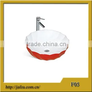 F05 Hot Selling Ceramic Round Bowl Shape Basin, Colored Basin White Inside and Red Outside Wash Basin thumbnail-1