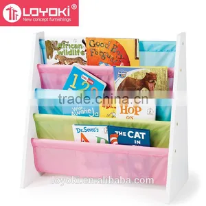 4 Tier Kids' Book Rack Wooden Bookcase With Nylon Fabric Pockets Kids Bookcase thumbnail-1