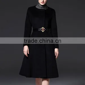 Cheap Wholesale Autumn Winter Heavy Wool Coat Elegant Ladies O-Neck A-Line Medium-Long Woolen Trench Outerwear Female Jackets thumbnail-3