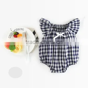 2017 Beautifuly Pure Cotton Toddler Girls Small Grid Romper With Bubble Sleeve thumbnail-1