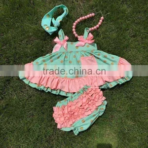 in Stock Golden Polka Dot Swing Top Sets Newborn Girl Clothes Kids Green Swing Top Sets With Necklace and Headband thumbnail-1