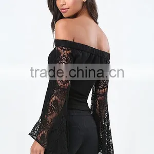 Clothes Woman Fashion Long Bell Sleeve Off-shoulder Lace Blouse Black for Wholesale 2017 thumbnail-2