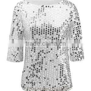 European Style 2017 Spring Women's Fashion Women's Sequin Blingbling T-shirt Brand thumbnail-3