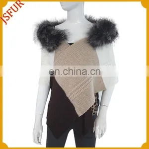 Women Knitted Shawl With Raccoon Fur Trim Cape thumbnail-2