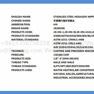 Carbon Steel Stainless Steel 304 304L 316 316L Low Pressure Casting Fittings Thread Connector Hex Nipple thumbnail-4