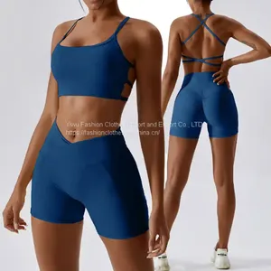 Wholesale Fitness Yoga Wear 2 Piece Active Wear Set Women Gym Multi Strap Open Back Sports Bra Front Cross Over Mini Shorts Set thumbnail-1