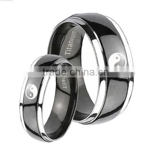 His And Hers 2 Pieces Titanium Yin Yang Dome Black Ip Silver Edged Ring Set 6 & 8mm, Yin Yang Ring For Couple thumbnail-1
