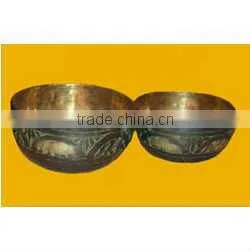 Brass Tibetan Singing Bowls Yellow Carved thumbnail-1