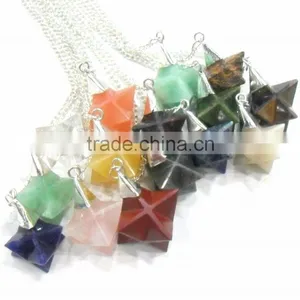 Mix Stone Merkaba Star Metal Cap Pendulum : Wholesale Merkaba Pendulum thumbnail-1