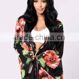 Kimono Duster Cardigan Top Open Front Bell Sleeves Floral Printed Mesh Duster For Women thumbnail-5