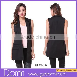 Women's Black Lapel Sleeveless Pockets Blazer thumbnail-1