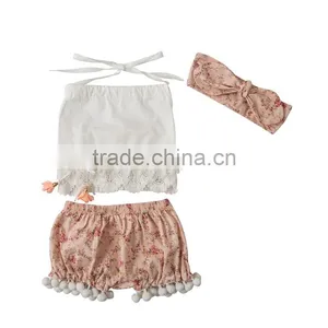 Baby Lace off Shoulder Pompom Shorts Outfits Baby Clothing thumbnail-2