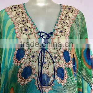Peacock Digital Print Crystal Embellished Lace up Kaftan CAFTAN Tunic Poncho Blouse thumbnail-2