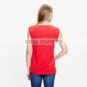 Red Modern Linen Muscle Ladies Tank Top thumbnail-3