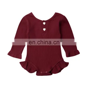 Multi Colors Long Sleeve Ruffle Baby Romper Solid Cotton Rib Jumpsuit for Babies thumbnail-2