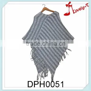 Hot Sale Mexican Latest Design Stripes Pullover Crochet Knit Poncho Sweater With Tassels thumbnail-1