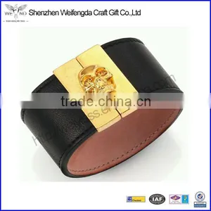 Genuine Leather Gated Skull Cuff Bracelet Mens Fashion Wristband thumbnail-1