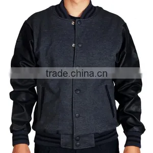 HDYK040 Wholesale 2014 Mens Cheap Custom Leather Sleeves and Satin Baseball College Varsity Jacket thumbnail-2