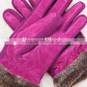 2014 Women Fahion Fushia Suede Knitting Leather Glove With Brown With Soft Fur thumbnail-1
