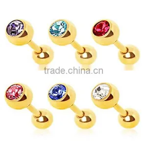 Gold Plated Gem Ball Cartilage Upper Ear Stud Earring Tragus Helix Bar thumbnail-1
