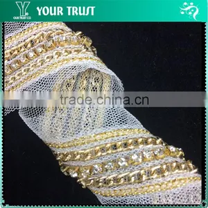 Cross Line Transparent Bugle White Pearls White Organza Trimming thumbnail-2
