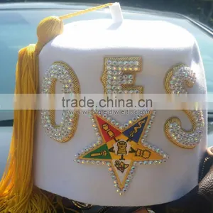 Queens Fez Hat Rhinestones Jeweled Embroidery Oes Star 3 Row White Wool Masonic Fez Hat thumbnail-1