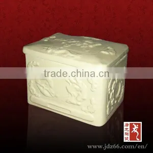 Square Style Ivory Glazed Ceramic Mini Urns With Plum Figure for Funeral in Sale thumbnail-1