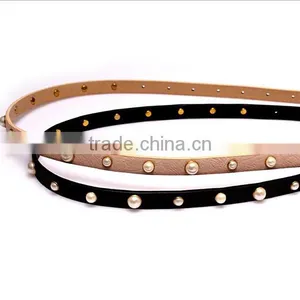 Fashion Pearls Decorated Pin Buckle Sex Girl Thin PU Waist Belt thumbnail-1