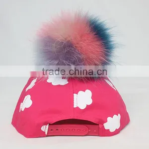 Myfur Girls Popular Hot Pink Baseball Cap and Hat With Multi-Color Raccoon Fur Pompom thumbnail-2