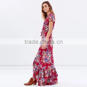 Bambi Bloom Floral Printed Short Sleeve Ruffled Maxi Wrap Dresses thumbnail-2