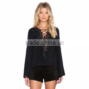 2016 New Top Fashionable Patch Work Lace Up Blouse Designs thumbnail-1
